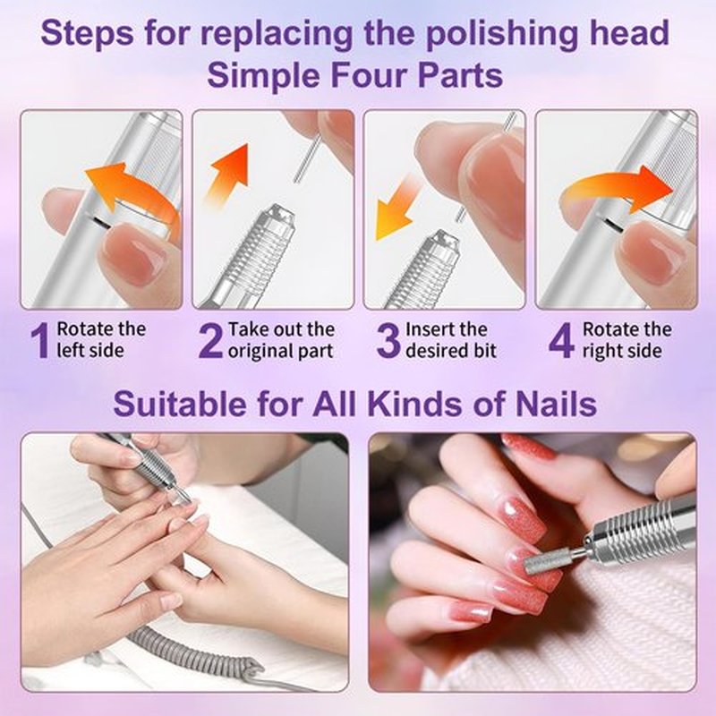 Nail Drill Professional Electric 35000RPM Nail Drill Kits Purple Portable Nail E File Machine with Bits & Base for Acrylic Gel Nail Polish Remover Cordless Rechargeable Nails Manicure for Salon Home