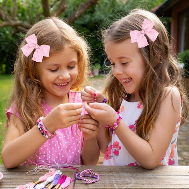 4 Pack Girls Hair Bow Clips - 2 Layer Lace & Grosgrain Hair Bows with Rhinestones | 3.5 Inch Non-Slip Alligator Clips Barrettes Hair Accessories for Braids, Pigtails, Weddings & Birthdays - Pink