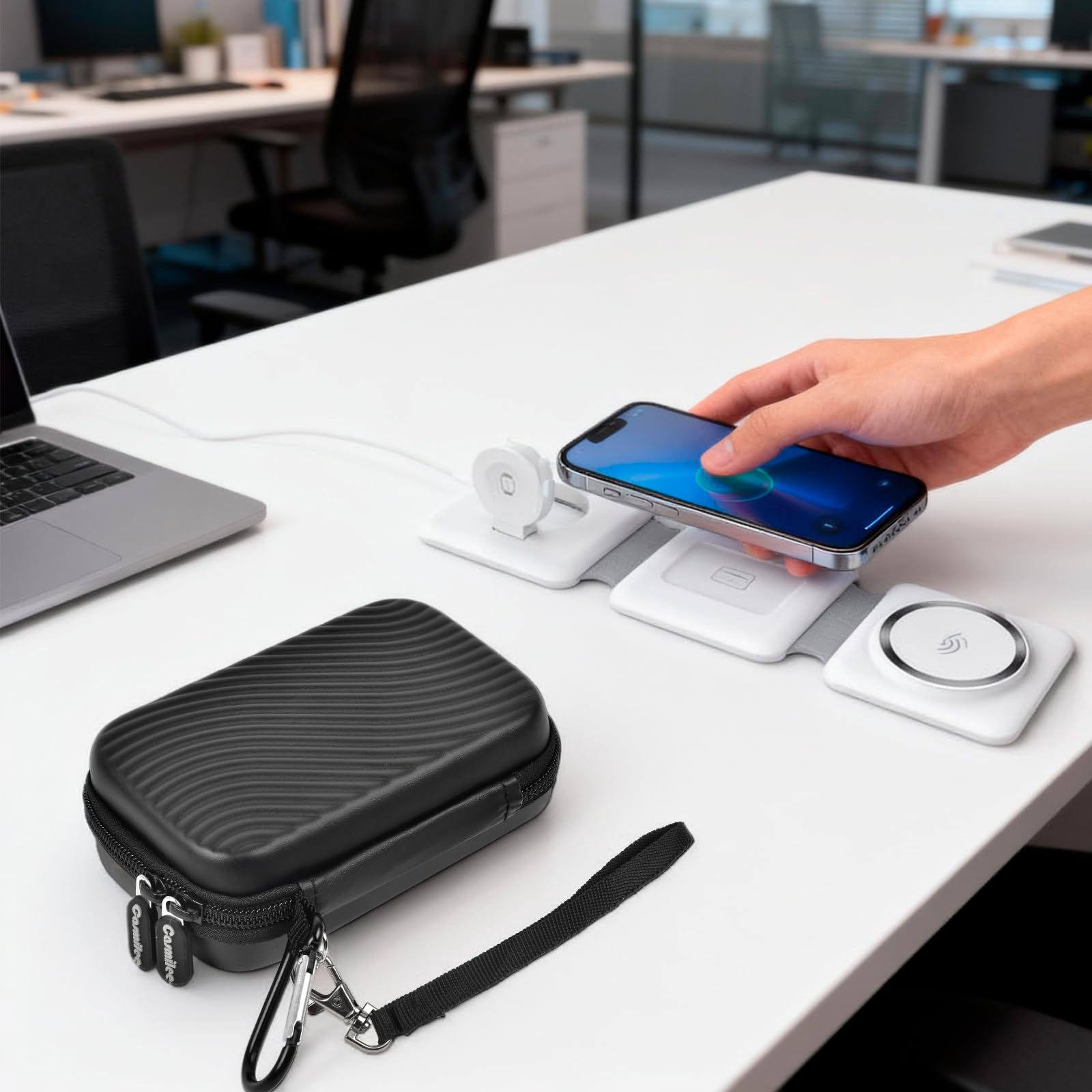 casmilee Wireless Charger Case for Iseyyox/for QUZUDN/for Hicober/for RTOPS/for UCOMX 3 in 1 Foldable Charging Station, Storage for Magnetic Charger Pad Dock for Travel Office Home- Black (Box Only)
