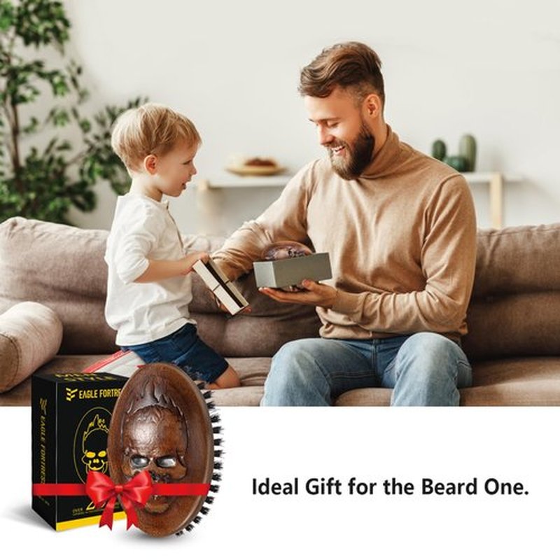 Eagle Fortress Boar Bristle Hair Brush for Men Hair Care - Beard Brush, Mustache Brush with Skull on Wooden Handle, Grooming & Styling Tool for Men, Travel Size