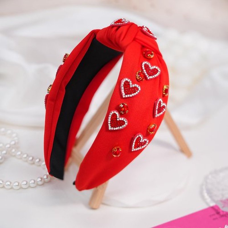 Palotay Red Heart Valentines Headband for Women Rhinestone Beaded Heart Headbands Valentine Day Hair Accessories Jewelry Gifts