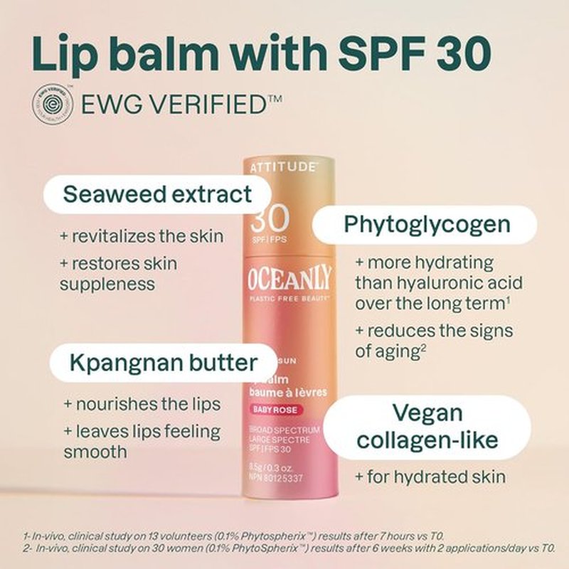 ATTITUDE Oceanly Tinted Lip Balm - SPF 30, EWG Verified, Plastic-Free, Vegan, Baby Rose, 0.3 Ounce