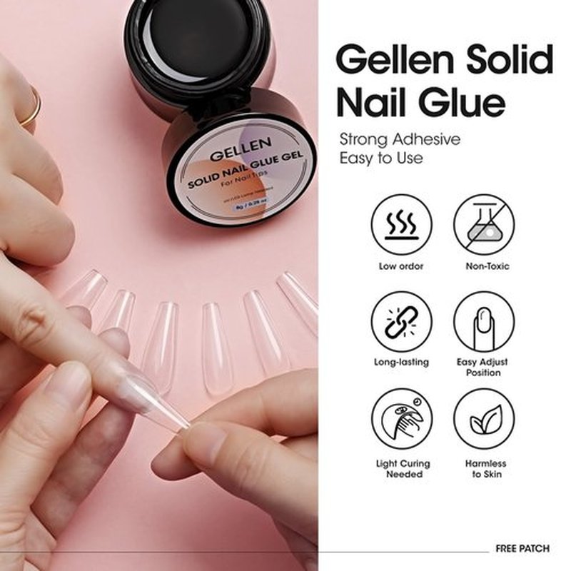 Gellen Solid Nail Glue Gel Kit - 8g Gel and 8w Mini UV Light LED Lamp for Cured Nails, Press on Glue for Acrylic Fake Tips, Salon Art DIY at Home