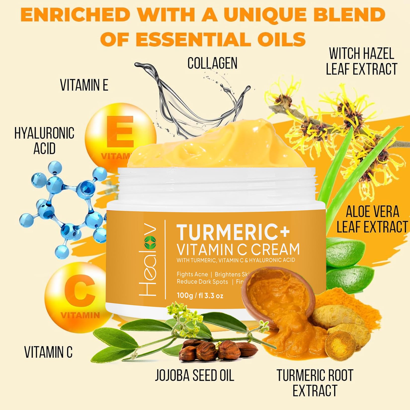 Turmeric Cream for Skin Brightening - All Natural Face & Body Turmeric Skin Lotion - Turmeric Cleanses Skin, Fights Acne, Evens Tone, Marks, Sun Damage, & Age Spots - Pure Turmeric Cream (Large)