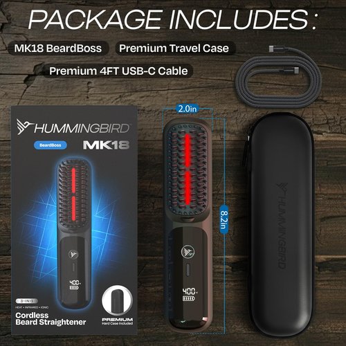 HUMMINGBIRD MK18 BeardBoss Cordless Beard Straightener for Men – Heated Beard Brush & Hot Comb, 5 Temp Settings, Anti-Scald Portable Hair Straightener, PTC Ceramic Heat, Infrared & Ionic, Travel Case