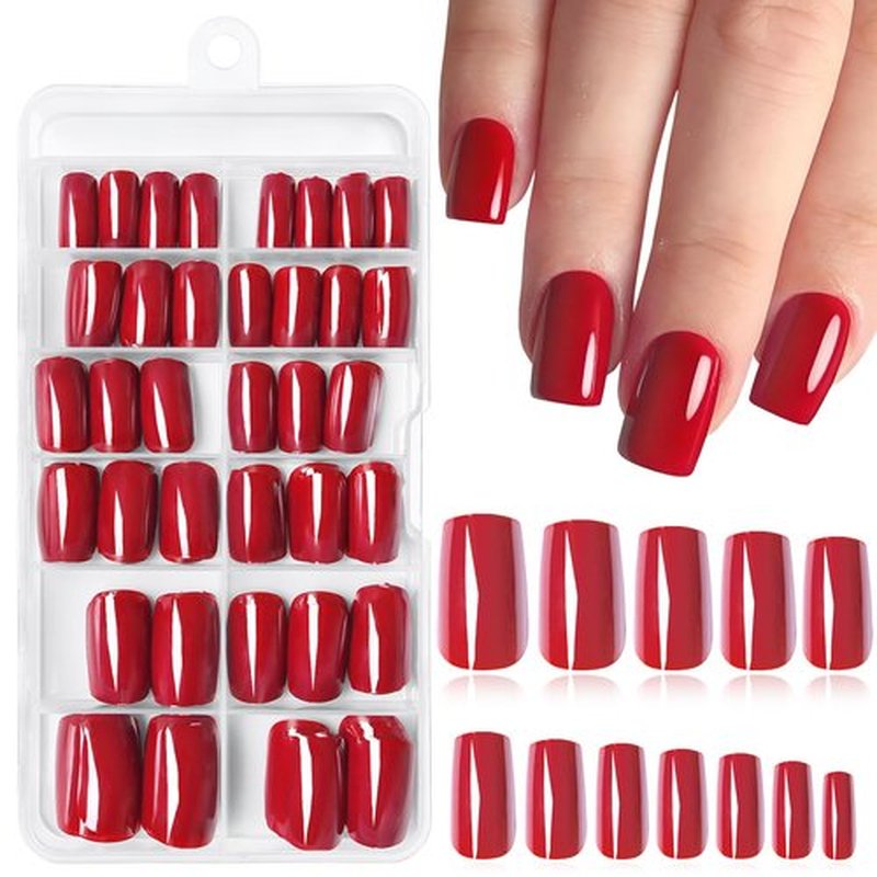 240pc Red Press on Nails Short Square Fake Nails with Adhesive Tabs, Square Nails Press ons Red Glue on Nails Short Acrylic Nails Stick False Artificial Fingernail for Women Girls
