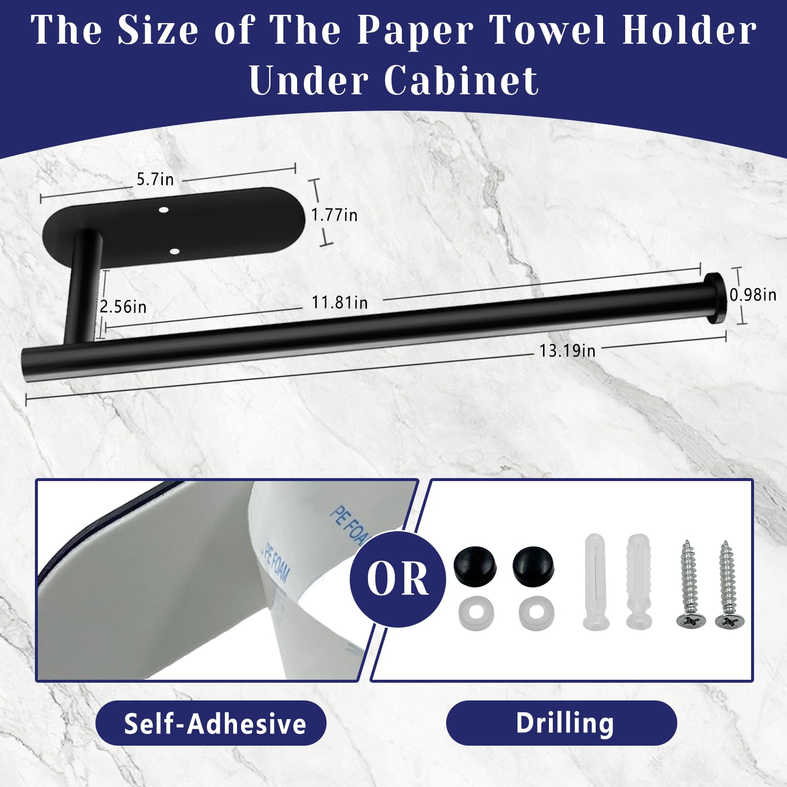 Paper Towel Holder, Self Adhesive or Drilling Paper Towel Holder Under Cabinet, Stainless Steel Black Paper Towel Holders Wall Mount for Kitchen, Bathroom, Sink, Pantry, Fridge