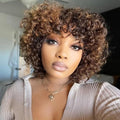 Kislemon Short Curly Human Hair Wigs For Black Women Glueless Afro Natural Curly Wig Brazilian Virgin 4/27 Color Pixie Cut Wig With Bangs 150% Density Highlight Ombre Blonde Wigs (Natural Curly)