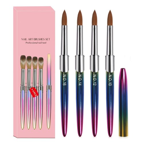 Kolinsky Professional Acrylic Brush Set - 4PCS for Nail Application, Size 10/12/14/16 Powder Brushes for Extension & 3D Carving