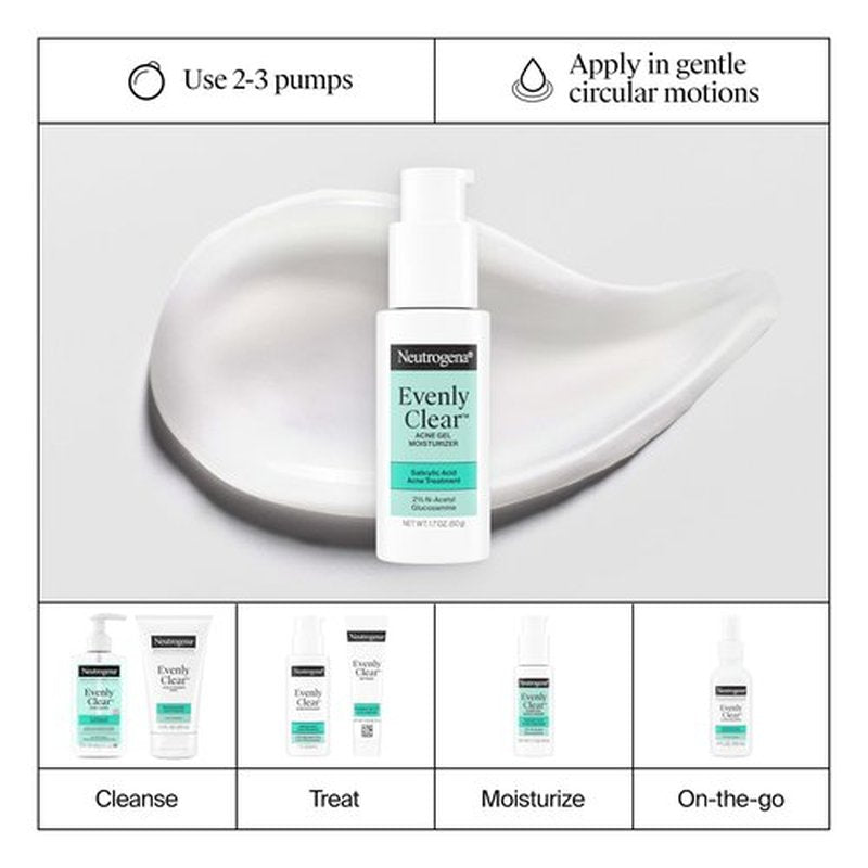 Neutrogena Evenly Clear Acne Gel Moisturizer with Salicylic Acid & N-Acetyl Glucosamine, Lightweight Non-Greasy Face Moisturizer Helps Treat Breakouts & Visibly Fade the look of Post-Acne, 1.7 fl. oz