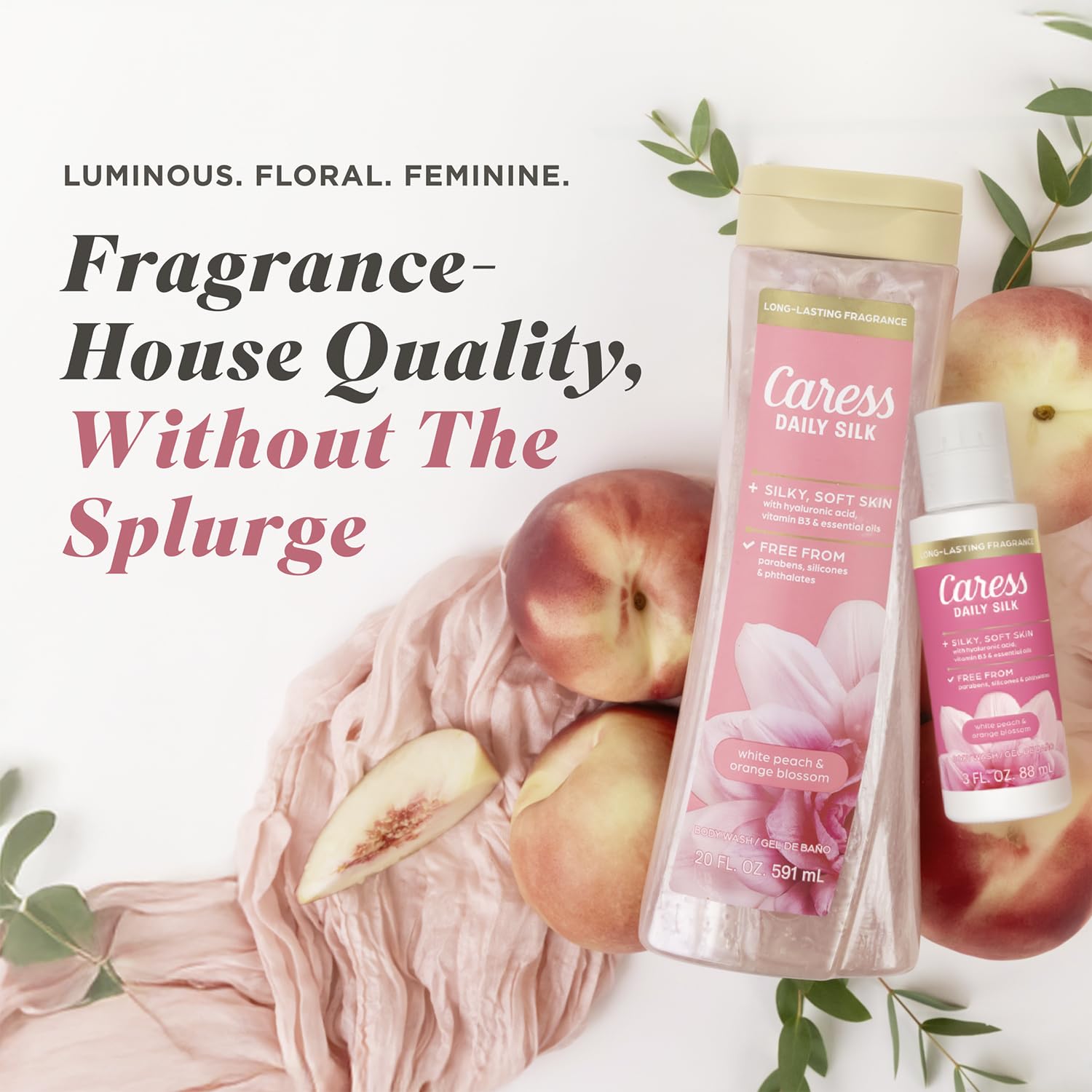 Caress Body Wash, Daily Silk Full-Size + Travel-Size – Bath & Shower Essentials for Soft, Silky Skin, Iconic White Peach & Orange Blossom Scent