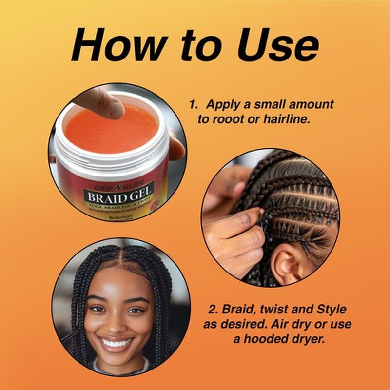 BELLATIQUE GRIP N GLIDE Braiding Gel Maximum Hold for LOC & Twist - No Flaking, No Whitening, Fast Drying, High Shine, Cool & Refreshing, Long Lasting Hold (5 oz)