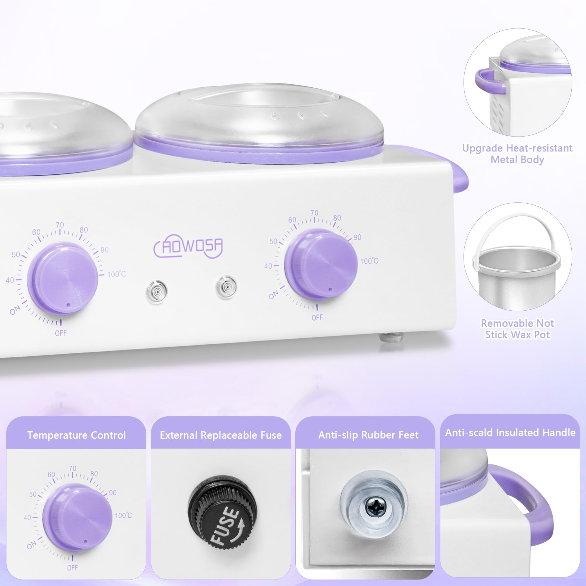 Professional Waxing Kit Wax Warmer Double Pot Wax Heater Machine for Hair Removal, Large Waxing Pot for Spa Salon Beauty Esthetician Home, with Non-Stick Easy Clean Pot, 50 Sticks & 20 Collar, White