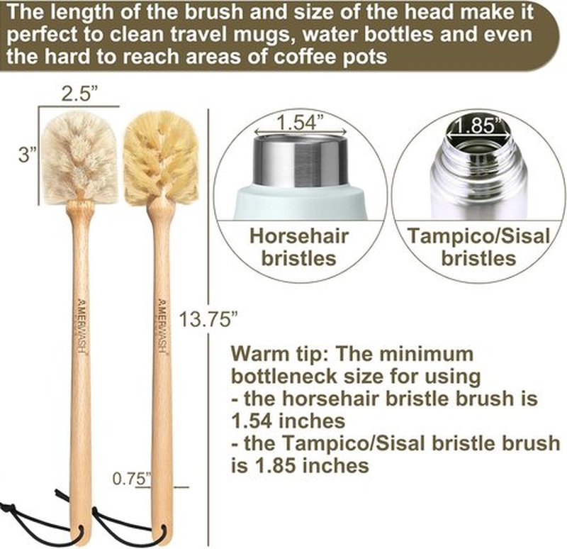 Natural Bristle Bottle Brushes by [Brand Name] - 13.75-Inch Wood Handle for Cleaning Jars, Glasses & Vases | 2-Pack