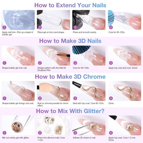 GELLAKTIK All-in-One Solid Builder Nail Gel Kit: 60g Hard Gel with 3D Mold, 6-Color Powders & Nail Art Tools (Nail File, Cuticle Pusher, Pen), Non-Sticky for Nail Extension, DIY Salon, UV/LED Cured