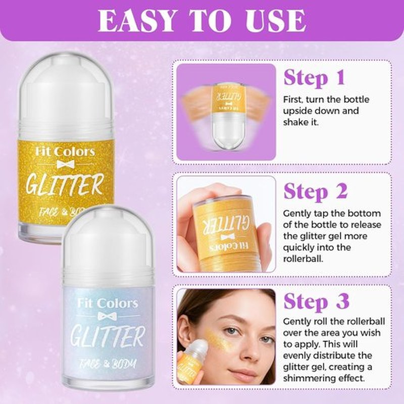 Skiennix Body Glitter Gel - Holographic Sequins Shimmer Liquid Eyeshadow | Sparkling Pink, Roll-On Applicator