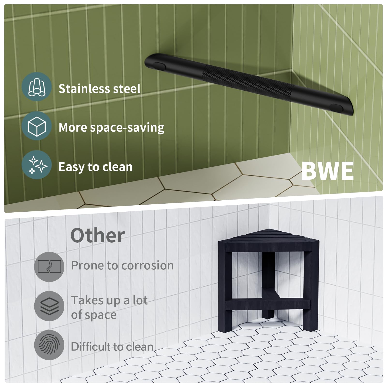 BWE Matte Black Shower Foot Rest Bar Corner Shower Foot Rest Shaving Legs