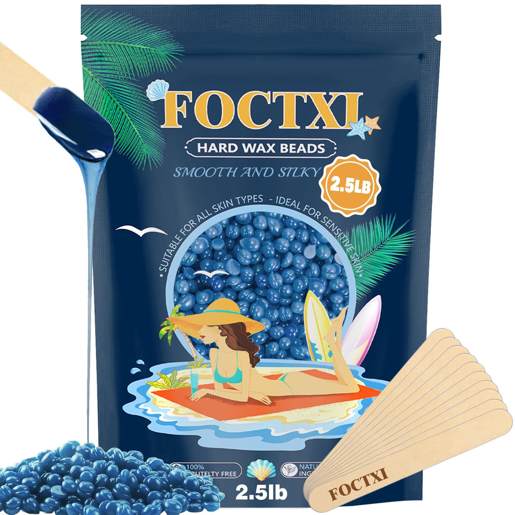 FOCTXI Hard Wax Beads, 2.5lb Wax Beans for Hair Removal Sensitive Skin + 10 Large Applicator Sticks - Coarse Hair Formula – Brazilian Bikini, Face, Eyebrows, Underarms, Arms, Chest, Back, Legs