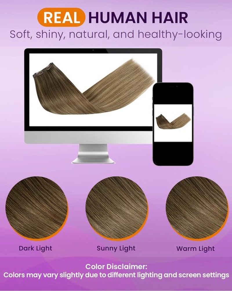 LaaVoo Seamless Clip in Hair Extensions Human Hair Balayage Brown Seamless Hair Extensions Clip in Balayage Brown Mix Golden Blonde Clip ins Hair Extension Soft Straight 18Inch 4pcs 90g