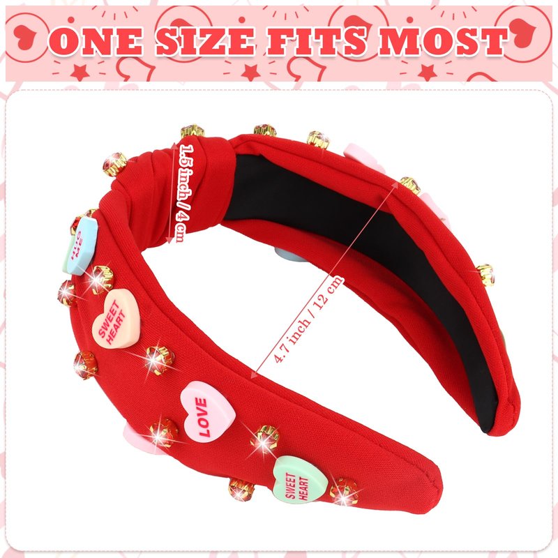 YARIEW Valentines Day Headbands for Women Love Sweet Red Heart Headband Rhinestone Knotted Headband for Women Valentine Day Decorations Fashion Headband Hair Accessories Red