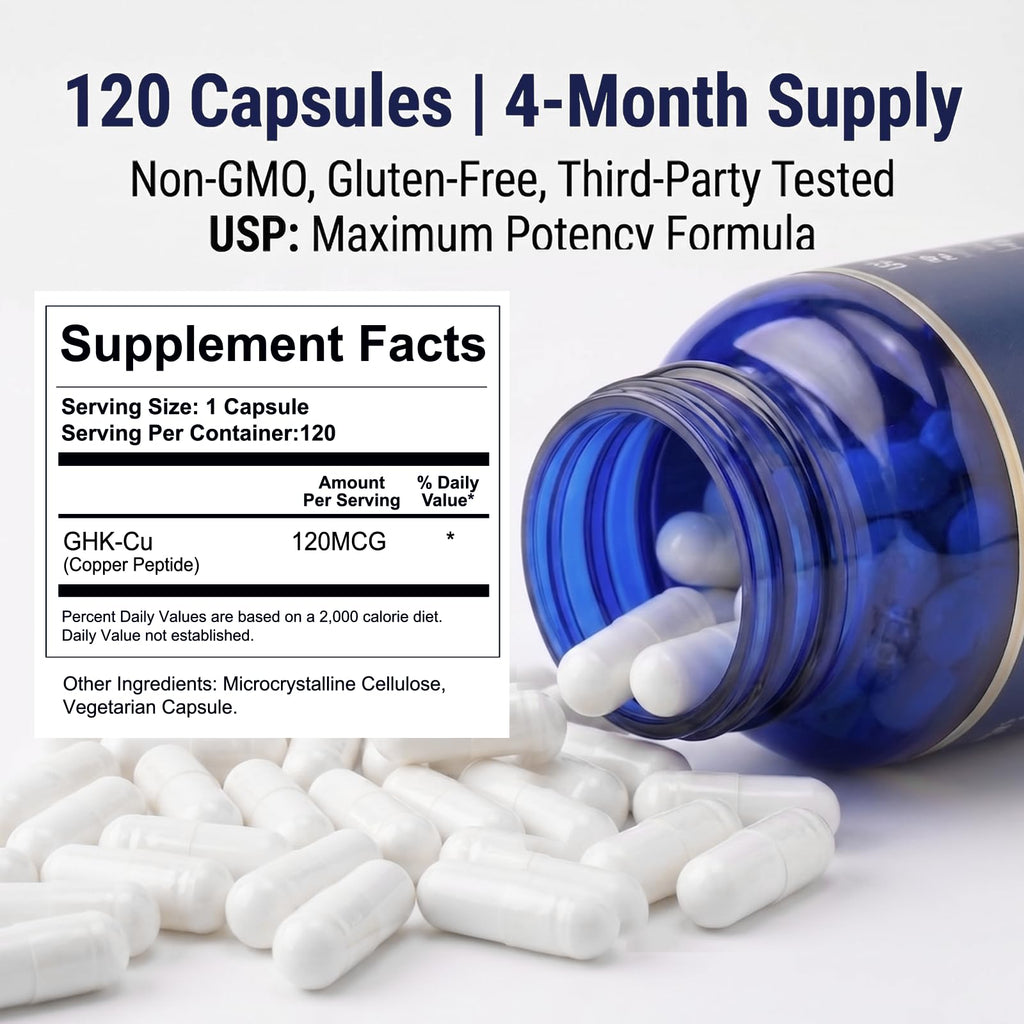Life Nutrition GHK-Cu Copper Peptide Supplement, 120 Vegan Capsules, High Potency, Promotes Skin Repair, Radiant Skin Elasticity, Anti-Aging & Hair Growth Support
