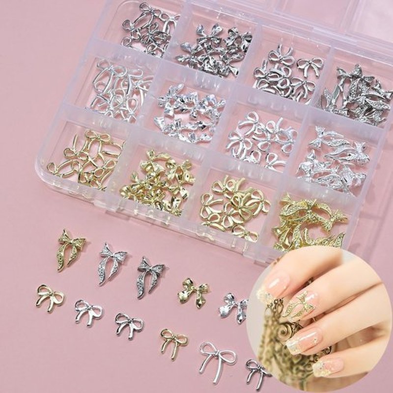 96Pcs/Box 3D Metal Bow Nail Art Charm Gold/Silver Alloy Bows Nail Charm for Nails Art 3D Alloy Bow Tie Jewelry Nail Rhinestone Kawaii Nail Crafts Decor DIY Accessories Manicure Designs Supplies