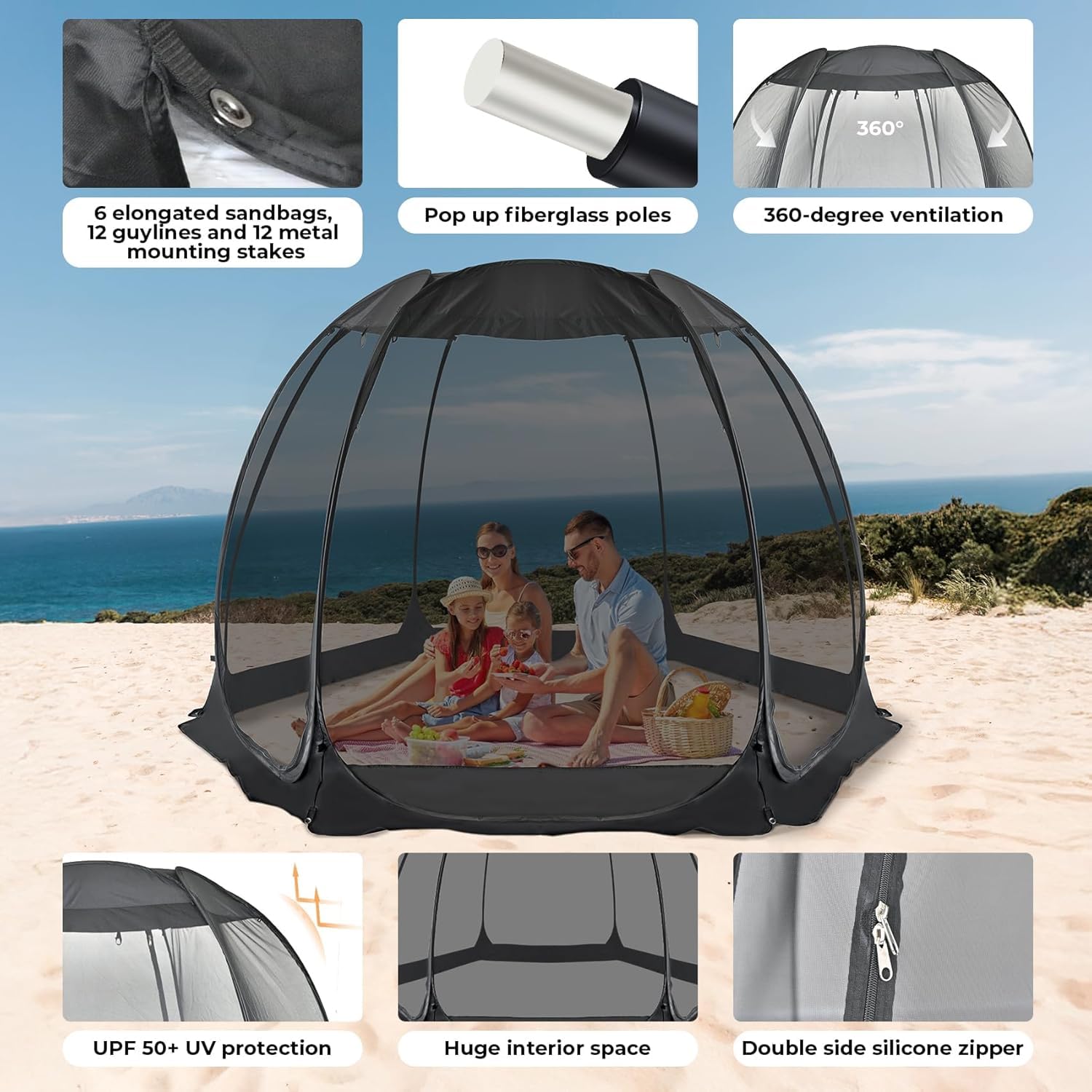 Alvantor® Pop Up House Tent, Outdoor Screen Room, Canopy Tent with UV Resistant, Easy Up Foldable Screen House for Camping Garden, Black, 10 x10 FT