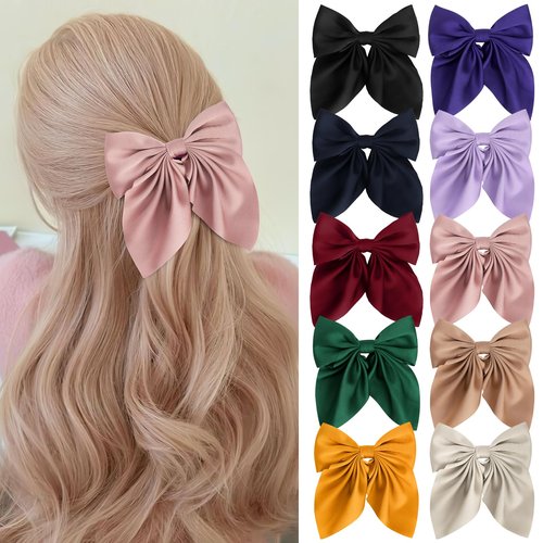 Silky Satin Oversized Long Tail Bowknot Hair Accessories - 10Pcs Large Metal Barrettes with Aesthetic Hair Clips for Women