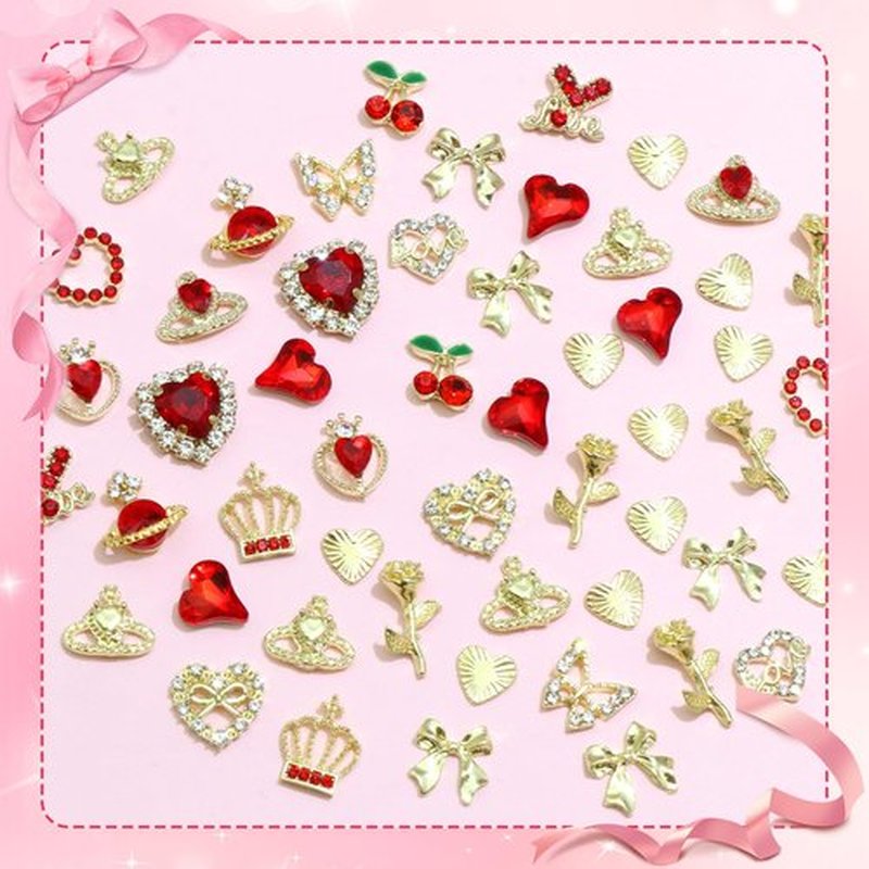 RODAKY 52PCS Valentines Nail Charms Red Heart Cherry Gems for Nails Metal Gold Butterfly Bows Roses Charms Jewelry Nail Art Accessories Supplies for Manicure DIY Design