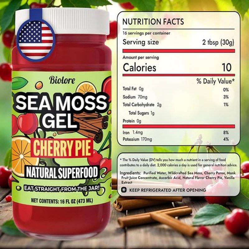 Biolore Sea Moss Gel - Cherry Pie Flavor, Vegan & Wildcrafted Superfood | 16 oz, No Added Sugar, Made in USA
