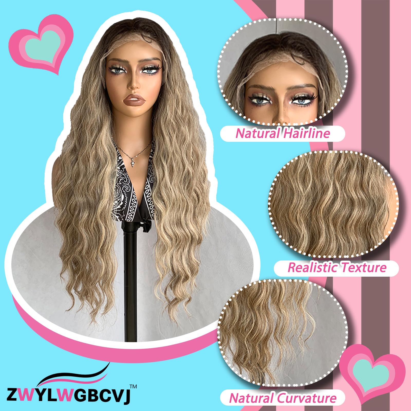 ZWYLWGBCVJ 13×4 Synthetic Lace Front Wig for Women Long Curly Wavy Heat Resistant Fiber Wigs Natrural Hairline and Baby Hair for Daily Party Use (30inch)