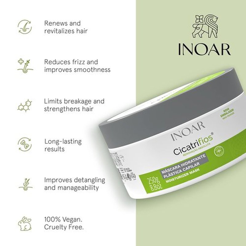 Inoar Cicatrifios Hair Mask - Deep Repair & Conditioning with RejuComplex3 | 6.7 Fl Oz for Frizz Control
