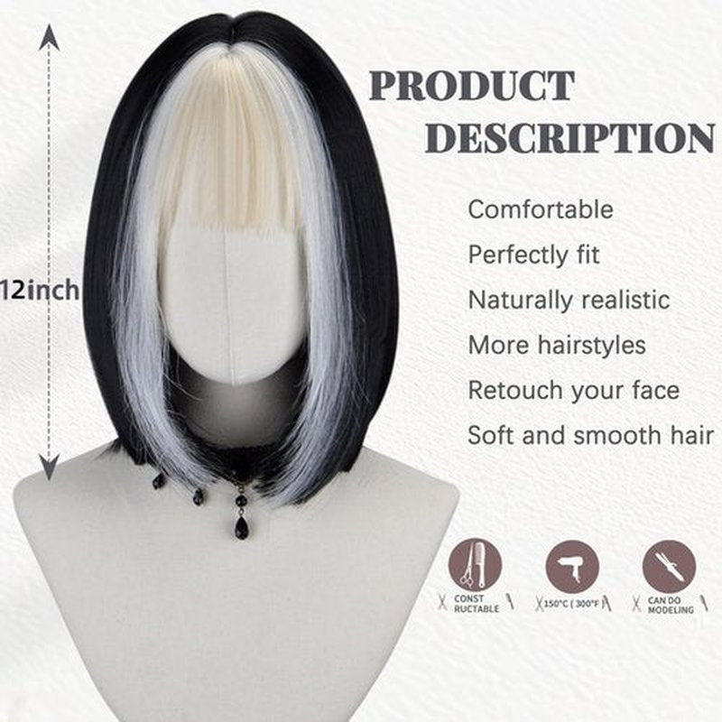 FREE BEAUTY Black Bob Wig with Bangs Short Black Straight Wig for Women Bob Shoulder Length Wigs Heat Resistant Fiber Synthetic Hair Wigs Hair Replacement Natural Looking 12inch