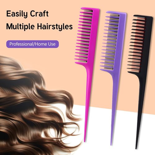 Skiennix Professional Teasing Comb Set - 3 Pack for Root Teasing & Volume Boost | 8.15 Inches - Black, Magenta, Purple