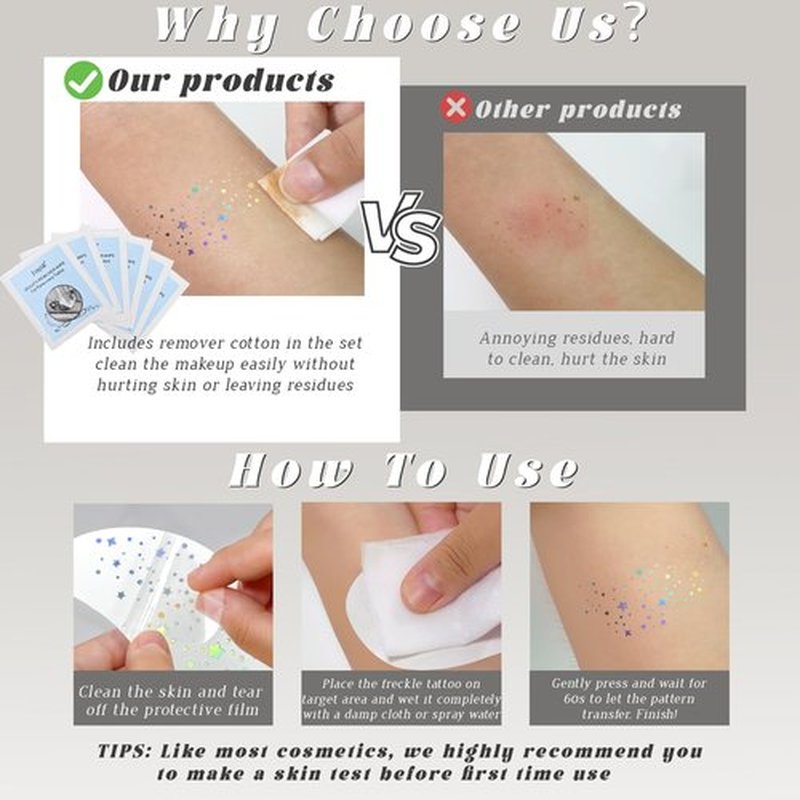 HOSAILY 24 pcs Holographic Multichrome Glitter Freckles Face Tattoo, Waterproof Sparkle Face Glitter Speckles Patches for Women, Cute Star Glitter Temporary Tattoo Makeup Accessories for Festival Rave