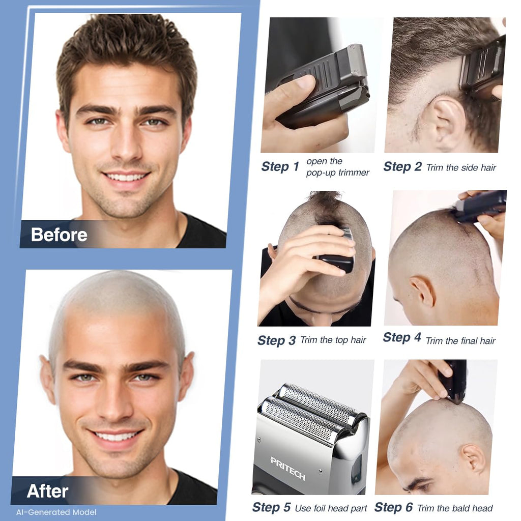PRITECH Electric Foil and Bald Shavers 2 in 1 Double Shaver for Men Blade and Popup Beard Trimmer with Rechargeable 2 Head 3 Adjustable Speeds Men's Beard Shaver by Pritech