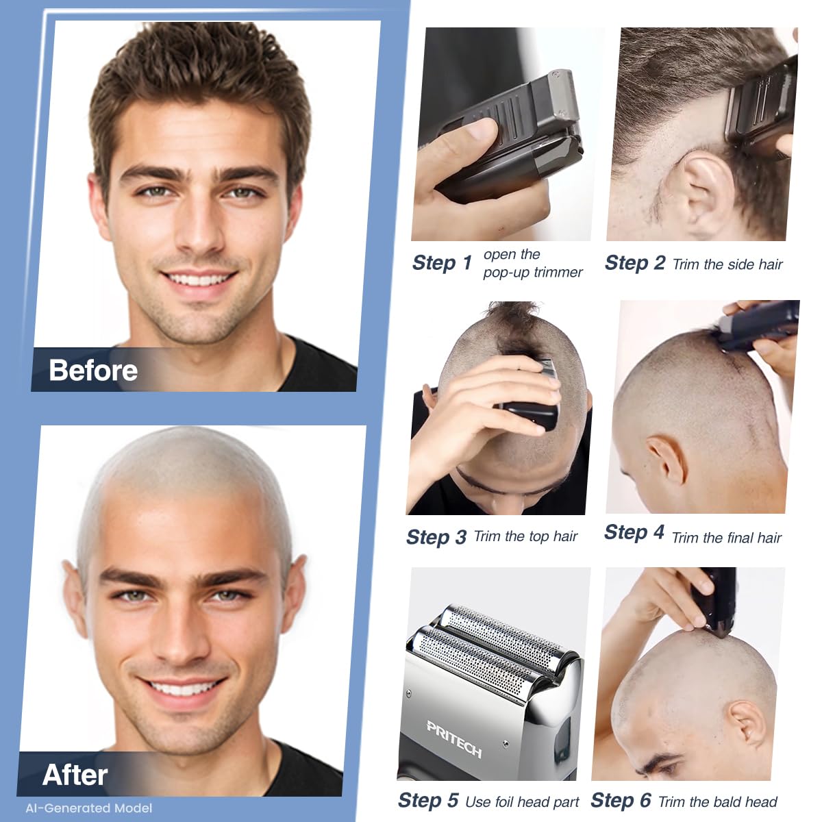 PRITECH Electric Foil and Bald Shavers 2 in 1 Double Shaver for Men Blade and Popup Beard Trimmer with Rechargeable 2 Head 3 Adjustable Speeds Men's Beard Shaver by Pritech