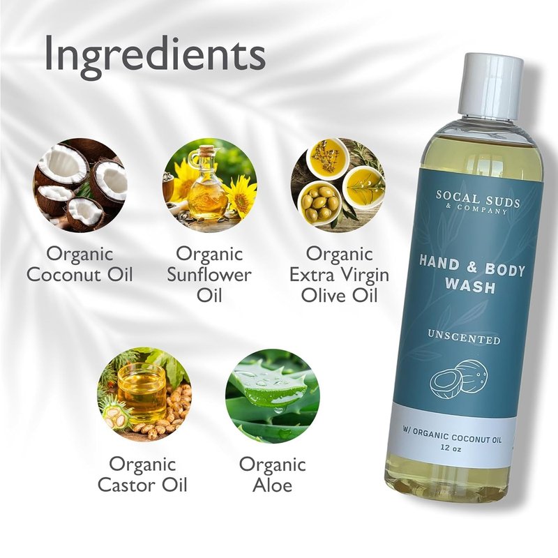 SoCal Suds & Company Organic Body Wash - Gentle Hand & Body Soap Liquid for Men & Women, Made w/Organic Oils & Coconut Oil, Nourishing Shower Gel Bodywash for All Skin Types, Fragrance-Free 2-Pk, 12oz
