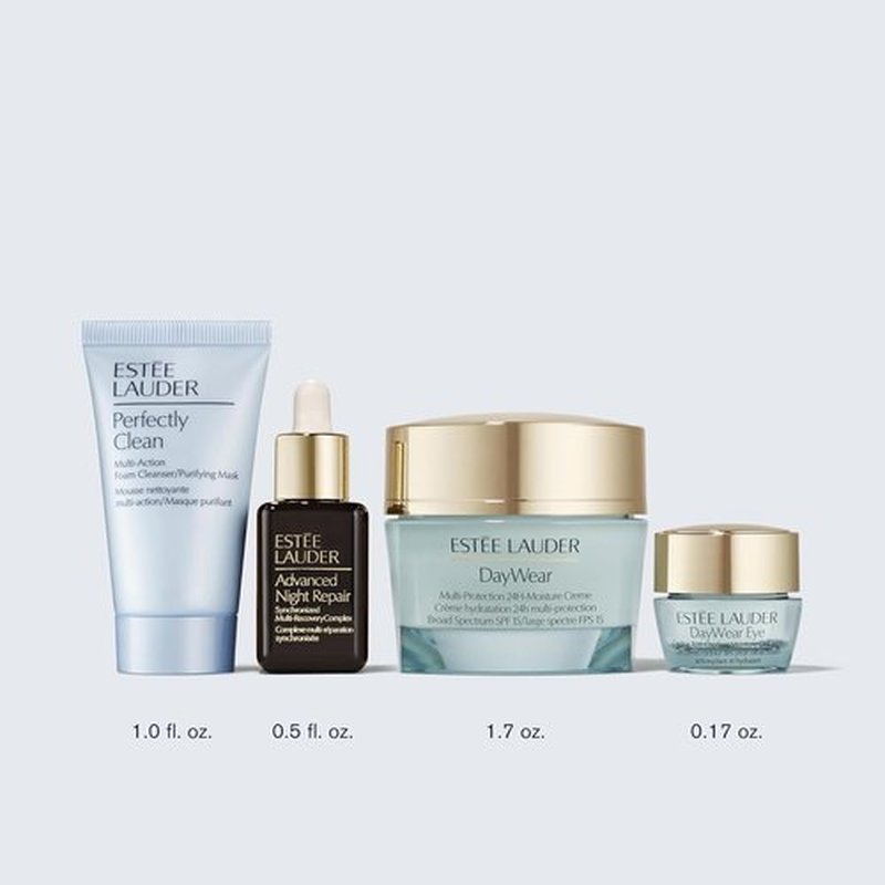 Estée Lauder DayWear Moisturizer Holiday Gift Set - Hydrating Skincare Routine | Full-Size Moisturizer 1.7 Oz + Cleanser 1 Oz + Eye Cream 0.17 Oz + Face Serum 0.5 Oz
