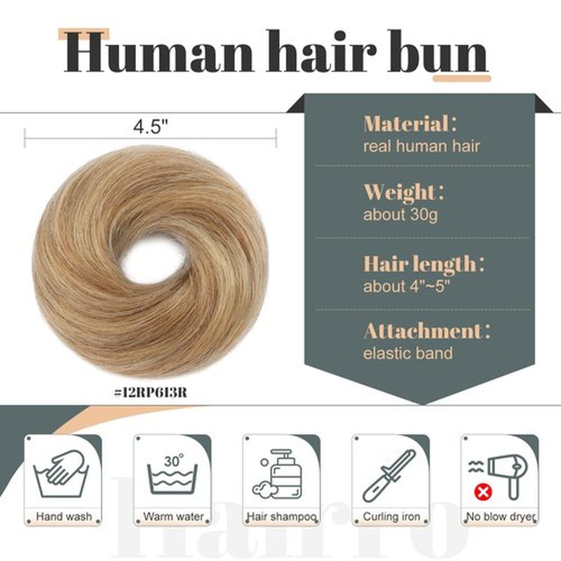 Hairro Messy Bun Hair Piece Real Remy Human Hair Straight Highlight Balayage Piano Color Ponytail Scrunchies Updo Elastic Wrap On Chignon 30g #12RP613R Golden Brown Mix Bleach Blonde