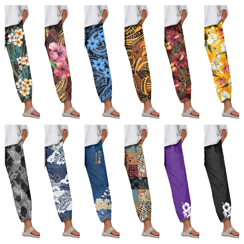 Capri Pants for Women Ethnic Print Wide Leg Plus Size Casual Summer Beach Elastic Waist Trousers 2025 Fashion Trendy Cargo Party Outdoor Tummy Control Work Pants with Pockets,S Blue