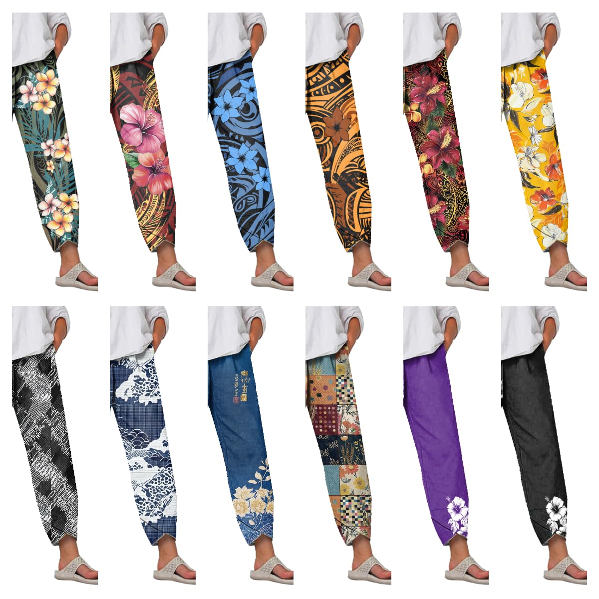 Capri Pants for Women Ethnic Print Wide Leg Plus Size Casual Summer Beach Elastic Waist Trousers 2025 Fashion Trendy Cargo Party Outdoor Tummy Control Work Pants with Pockets,S Blue