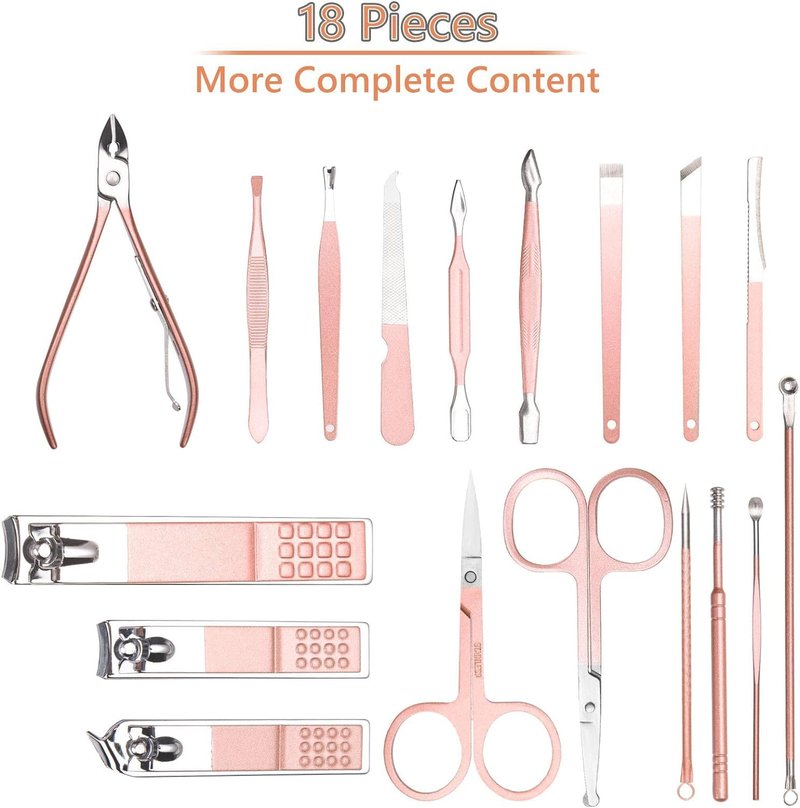 URAQT Nail Clippers for Men Women, 18 in 1 Stainless Steel Nail Kit Professional Manicure Pedicure Kit with Nail Scissors, Cuticle Trimmer, Leather Case, Portable Travel Home (Rose Gold)