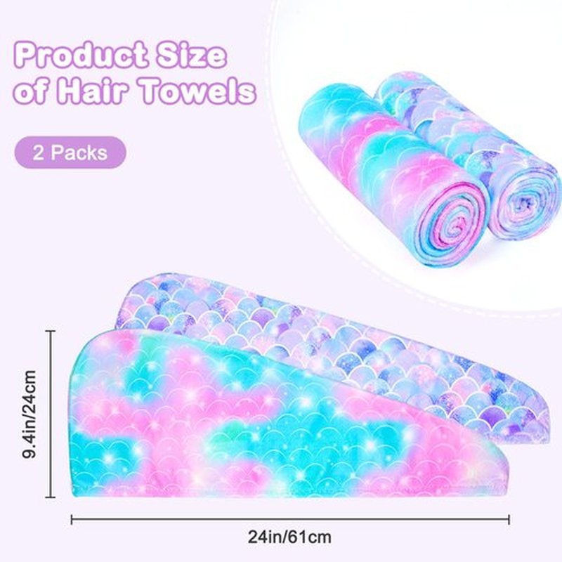 FIOBEE Microfiber Hair Towel Wrap for Kids Rapid Drying Turbans for Wet Hair with Button Women & Girls Long, Curly Hair Pack of 2, Purple/Green Mermaid