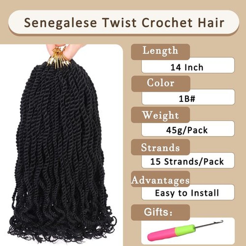 Kachanaa 14 Inch Wavy Senegalese Twist Crochet Hair 8 Pack Synthetic Short Pre Looped Kids Crochet Braids with Curly Ends Pre Twisted Small Havana Twist Braiding Hair for Black Women 1B#