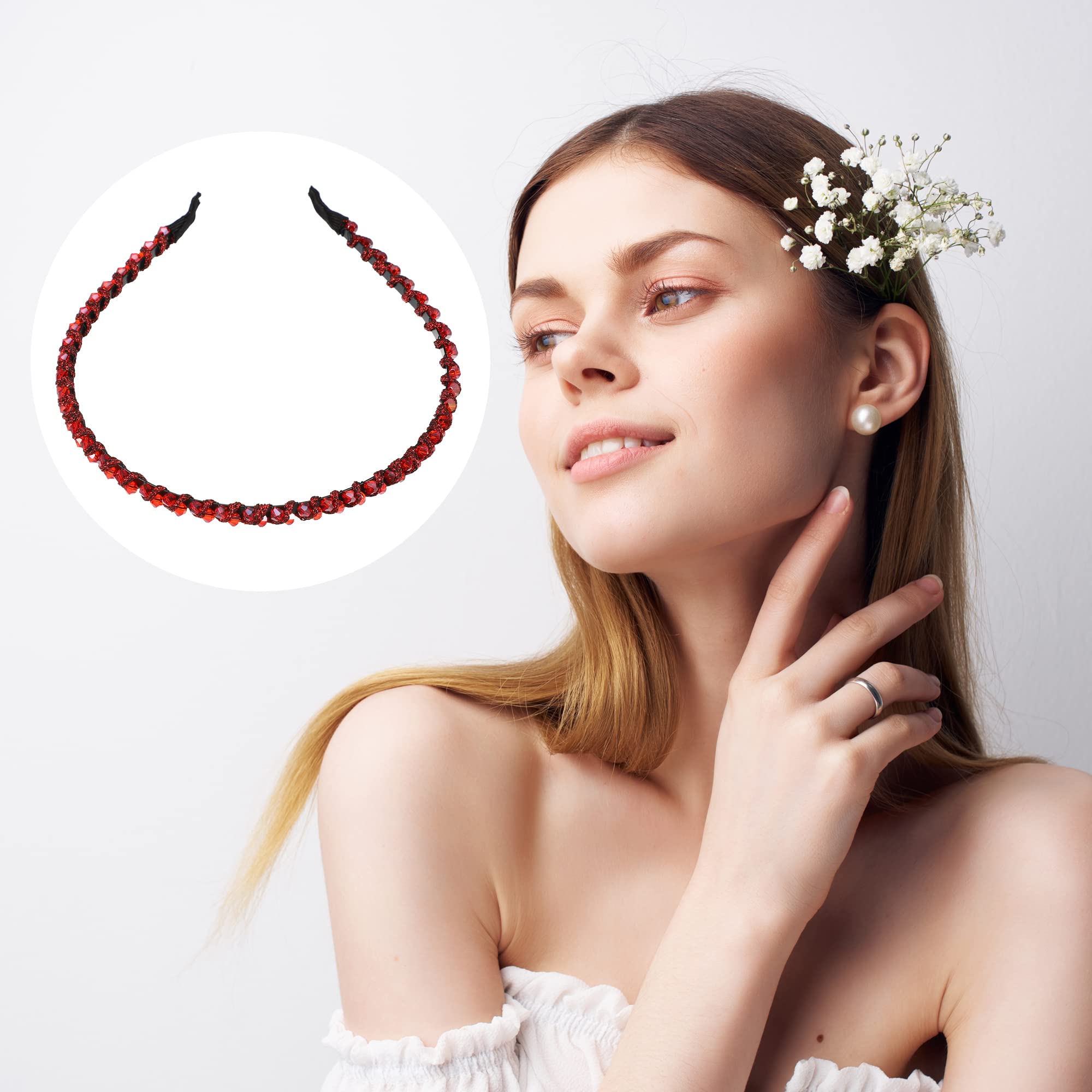 VOCOSTE 1 Pcs Rhinestone Hair Hoop Headband, Hairband for Women, Red, 0.24 Inch Wide