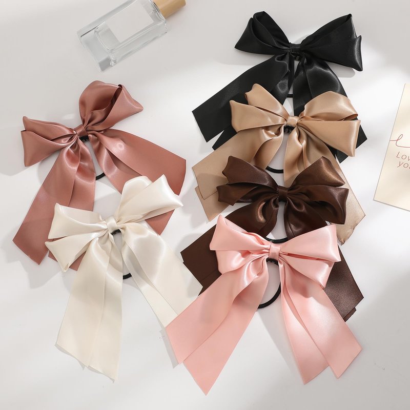 Yougeigy 6PCS Bow Hair Ties, Satin Hair Ribbon, Ribbon Hair Bows for Women Girls, Elastics Hair Scrunchies for Thick Thin Hair, Bows Hair Accessories with Long Tail, Black
