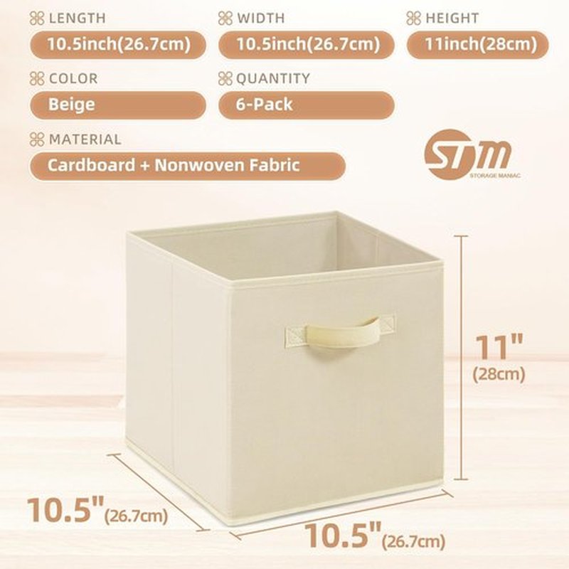 Storage Maniac Storage Cubes - 11 Inch Collapsible Bins with Handles | 6 Pack Durable Beige Fabric Organizers