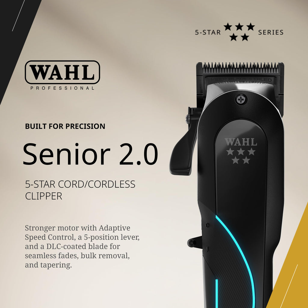 Wahl Professional Senior 2.0 Cordless Clipper, Carbon Steel DLC Coated Blade with Zero Gap Capability, Adjustable Taper Lever, Lithium Ion Power, Black and Metallic Silver