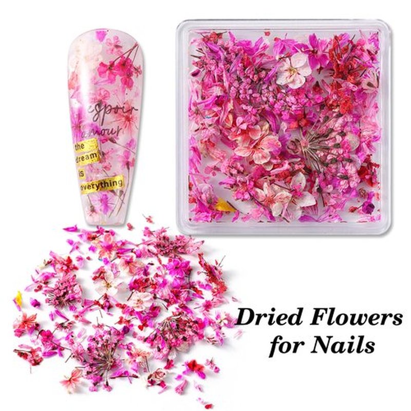 JERCLITY 4 Boxes Real Dried Flowers for Nail Art - Mini Red Pink Purple Gypsophila Stickers Decals Natural Dry Accessories for Women